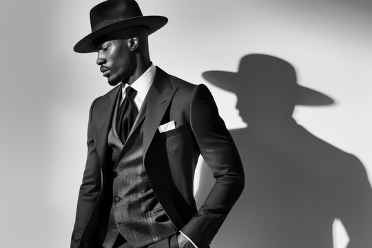 Handsome african american man in elegant suit and hat. Fashion shot.
