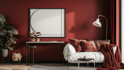 A simple and inviting bedroom design with a comfy sofa, a stylish dressing table, and an empty wall frame mockup against a rich burgundy background wall.