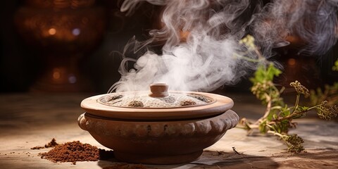 A traditional incense burner with curling white smoke against a rustic setting