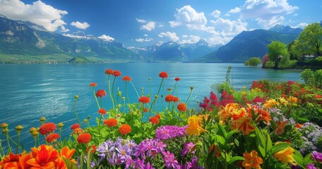 Fototapeta na wymiar flowers blooming around the lake with mountains in the background Generative AI