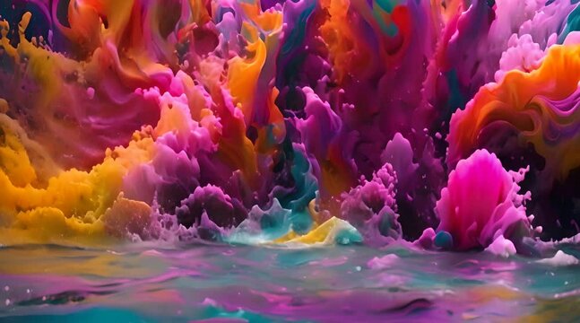 Splashes of vibrant hues cascade across merging and melding into abstract forms