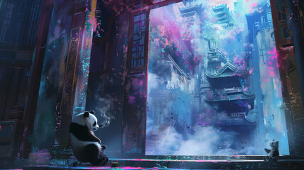 A panda in a fantastical sky city, cigar smoke trailing like wisps of clouds, and the wall painted in shades of celestial azure.