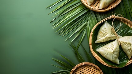 Zongzi, steamed rice dumplings on green table background, food in dragon boat festival duanwu concept, close up, copy space, top view, flat lay - Powered by Adobe