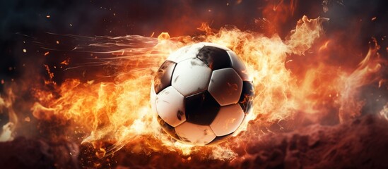A soccer ball engulfed in flames is propelled with power towards a goal in a stadium, creating a fiery spectacle. - obrazy, fototapety, plakaty
