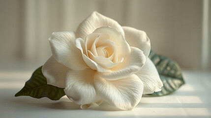 Fleur de gardénia éclose sur fond blanc, photographie minimaliste - obrazy, fototapety, plakaty