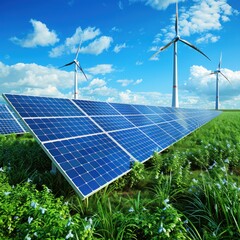 a photo for green energy with solar pannels and wind turbines 