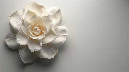 Fleur de gardénia éclose sur fond blanc, photographie minimaliste - obrazy, fototapety, plakaty