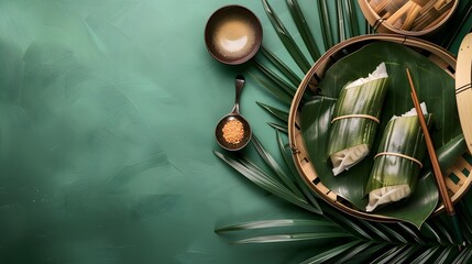 Zongzi, steamed rice dumplings on green table background, food in dragon boat festival duanwu concept, close up, copy space, top view, flat lay