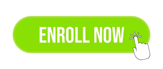 Enroll Now button with click cursor. Enroll now green sticker. Enroll now square. Label isolated on white background. 