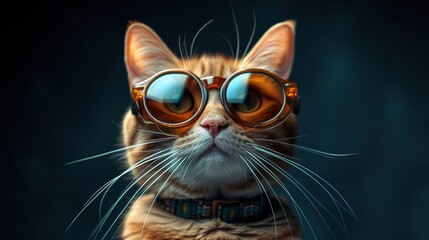 Portrait of gorgeous fluffy red cat wearing moony sunglasses against darkness - obrazy, fototapety, plakaty