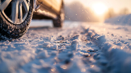 The photo captures a close-up view of the wheel of a car, parked on a snow-covered ground