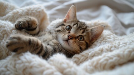 Obraz premium Cute tabby kitten sleep on white soft blanket. Cats rest napping on bed. Comfortable pets sleep