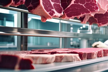 Concept of meat cultured from animal somatic cells. Meat sample in the disposable plastic container in modern laboratory. - obrazy, fototapety, plakaty