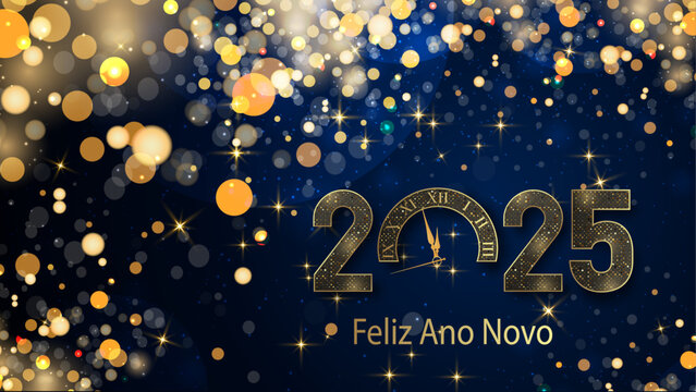 cartão ou banner para desejar um feliz ano novo 2025 em ouro o 0 é um relógio em um fundo gradiente azul escuro com estrelas douradas e círculos em efeito bokeh