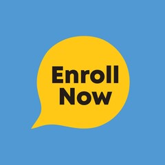 Enroll Now with yellow speech bubble. Label isolated on blue background. 
