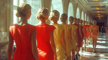A group of women in red and yellow dresses, varying in sleeve lengths and waist styles, strut down a hallway in a fashion design event showcasing formal wear and cocktail dresses - obrazy, fototapety, plakaty