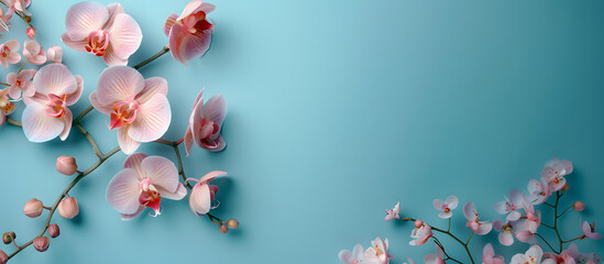 Serene Orchid Blooms Against a Soft Blue Background. Happy Mother's Day Concept
