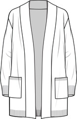 Women's Edge to Edge Cardigan. Technical fashion illustration. Front and back, white colour. Women's CAD mock-up. - obrazy, fototapety, plakaty