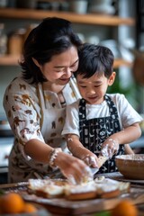 Mother and son cooking together a cake for dinner. Education concept