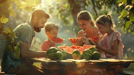 summer family eating watermelon