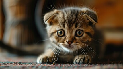 A kitten is sitting on the floor looking at the camera. Generative AI.