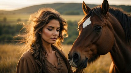 Obraz premium A beautiful woman is standing next to a horse. Generative AI.