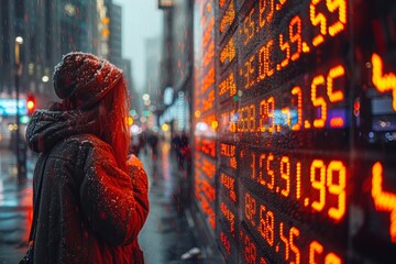 A couple sheathed in a rain-soaked embrace amidst the glowing numbers of a stock market ticker display