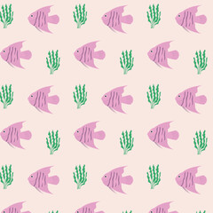 Seamless pattern with fish and algae. Vector illustration.