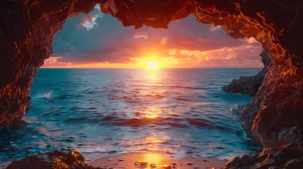 Abwaschbare Fototapete Vintage sea sunset from the mountain cave. © Matthew