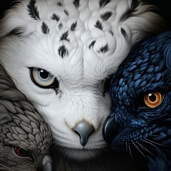 A captivating black and white quadriptych featuring the piercing blue and orange eyes of a snow leopard, white tiger, owl, and dragon. This intricate artwork blends elements of the wild and mythical, 