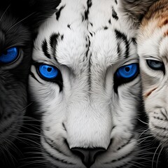 Artistic black and white composition featuring the intense blue eyes of a snow leopard and a white tiger. The image contrasts their powerful gazes and unique fur patterns, suitable for wildlife advoca