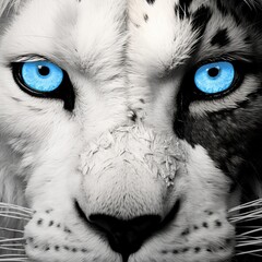 Intense gaze of a snow leopard with striking blue eyes in a black and white portrait. This close-up image showcases the leopard's vivid blue eyes and distinct fur patterns, ideal for wildlife enthusia
