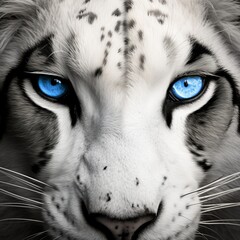Striking black and white image of a white tiger with deep blue eyes, showcasing a detailed close-up that captures the majestic beauty of this rare animal. Perfect for use in conservation materials, ed
