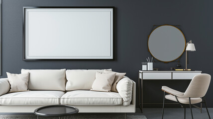 An uncomplicated bedroom featuring a relaxed AI-controlled sofa, a practical chair, a sleek dressing table, and an empty wall frame mockup against a clean charcoal gray background wall.