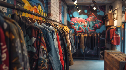 At a trendy streetwear pop-up shop, a customizable marketing template is showcased on a graffiti-covered wall against a backdrop of urban street art, appealing to the edgy fashion crowd. - obrazy, fototapety, plakaty