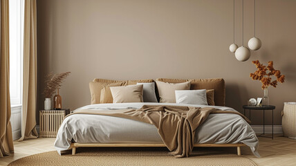 A casual and inviting bedroom with a basic AI-controlled sofa against a warm taupe background wall.