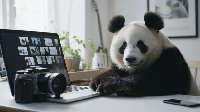 A panda photographer editing digital photos on a laptop, with floating camera icons and artistic filters against a gallery-inspired white background.