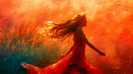 Dynamic movement captured as a girl spins, set against a bold and invigorating coral wall.
