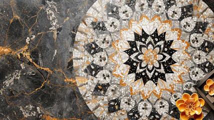 Intricate patterns unfold in a kaleidoscopic dance, showcasing a sulphur-infused modern marble mosaic.