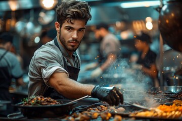 A young chef is frying food on a pan with visible flames and smoke, showcasing his cooking skills