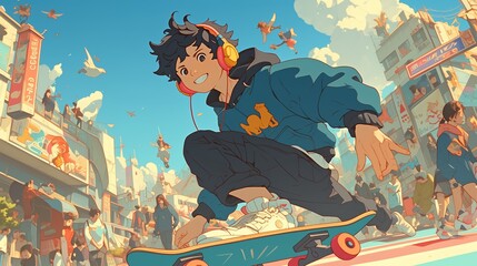 A boy skateboarding on the streets of Harajuku, listening to music with stylish headphones 80s anime rainbow retro fashion