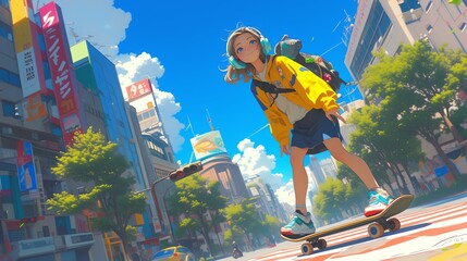 A girl skateboarding on the streets of Harajuku, listening to music with stylish headphones 80s anime rainbow retro fashion