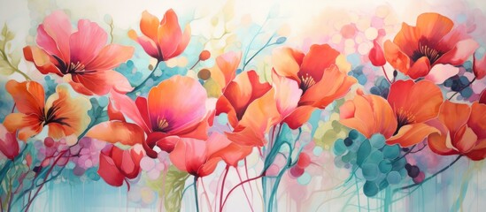 A vibrant and bold painting of flowers adorning a wall, adding a touch of beauty and freshness to the space. The flowers are intricately depicted in an abstract style, showcasing a contemporary