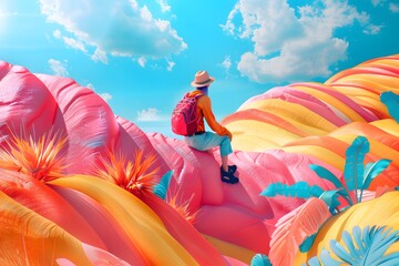 Woman sitting on top of a pink hill. Generative AI - Powered by Adobe