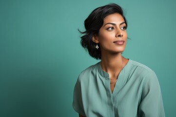Portrait of a beautiful young Indian woman on a turquoise background