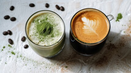Visual Comparisons matcha and coffee in cup : Place both beverages side by side