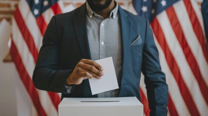 African American man voting in an election. Black voter casting ballot with US flags behind. Male hand placing ballot into voting box. Concept of democracy, presidential elections, freedom, diversity - obrazy, fototapety, plakaty