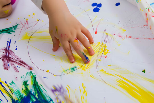 Enfant faisant de la peinture avec un pinceau et sa main a l'?cole ? IA g?n?rative