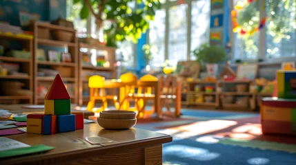 Deurstickers Playful Learning- An Empty Table in the Forefront of a Blurred Preschool Setting © ghita