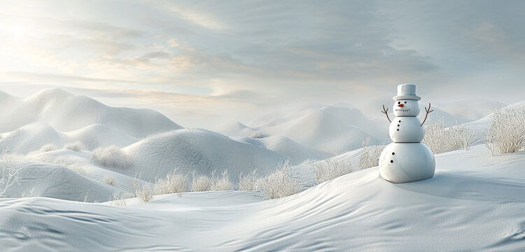 A broad snowy panorama showing a joyful snowman with a backdrop of icy hills under a soft gray sky, copy space available